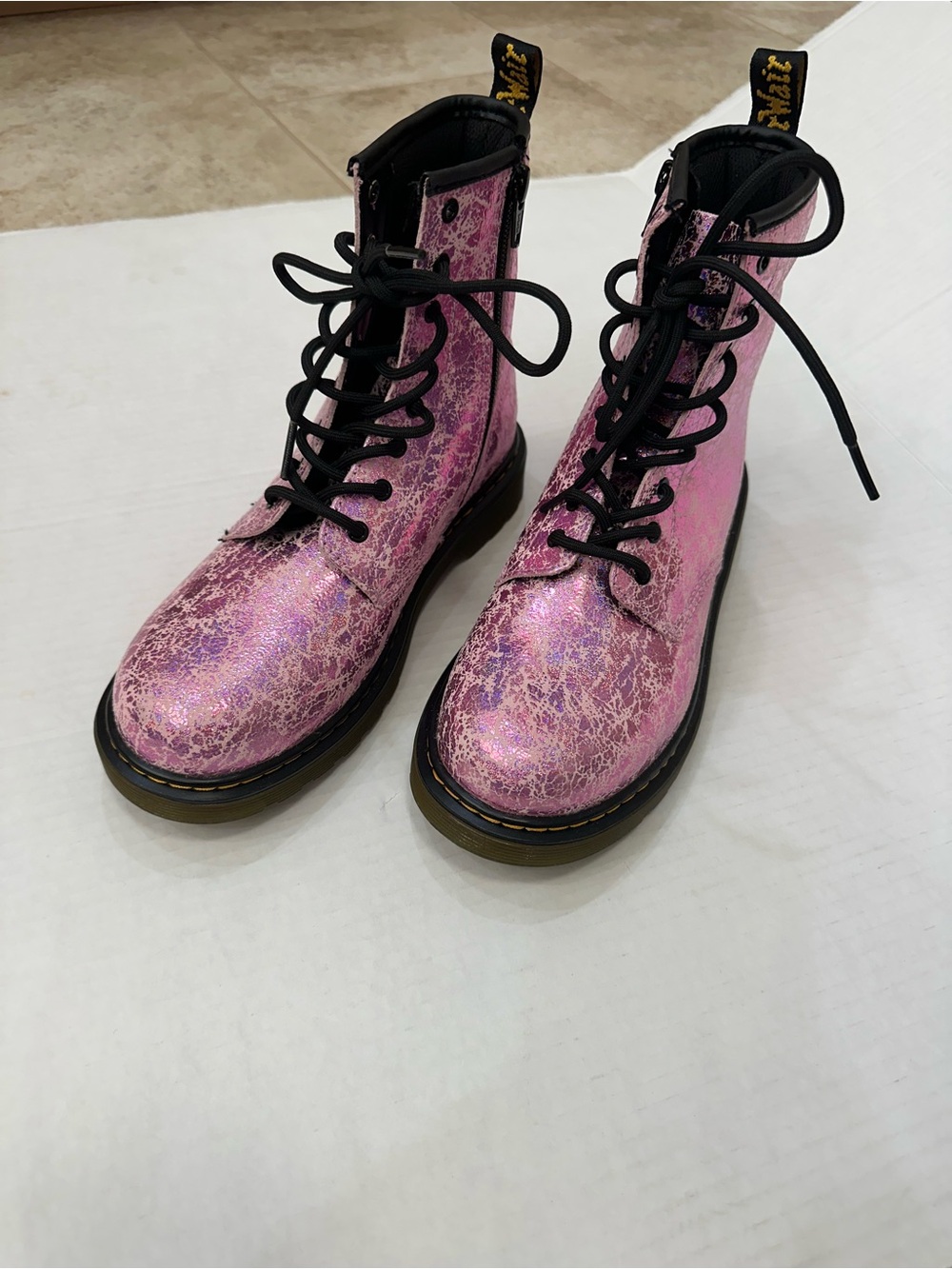 Dr. Martens metallic Pink/purple Lace-Up Combat Boots w side zip size 6